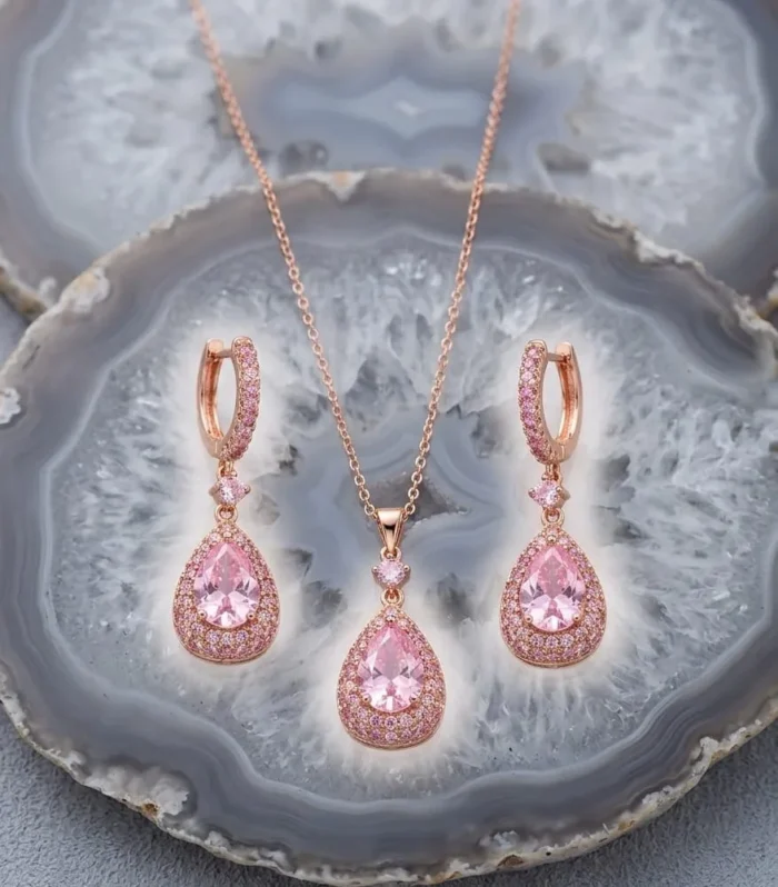 Pink Teardrop CZ Pendant and Earrings Set in 925 Sterling Silver