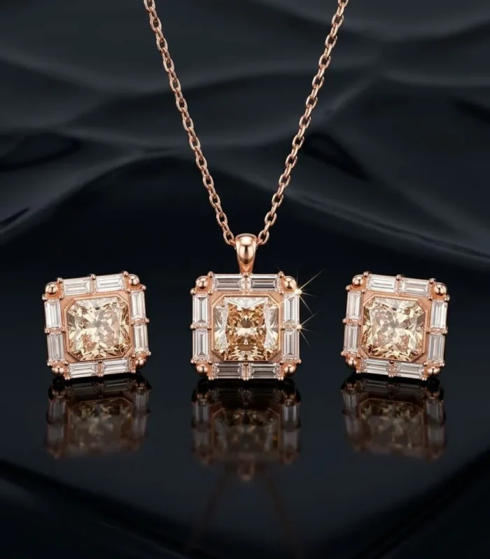 Champagne CZ Square Pendant and Earrings Set in 925 Sterling Silver with Rose Gold Finish