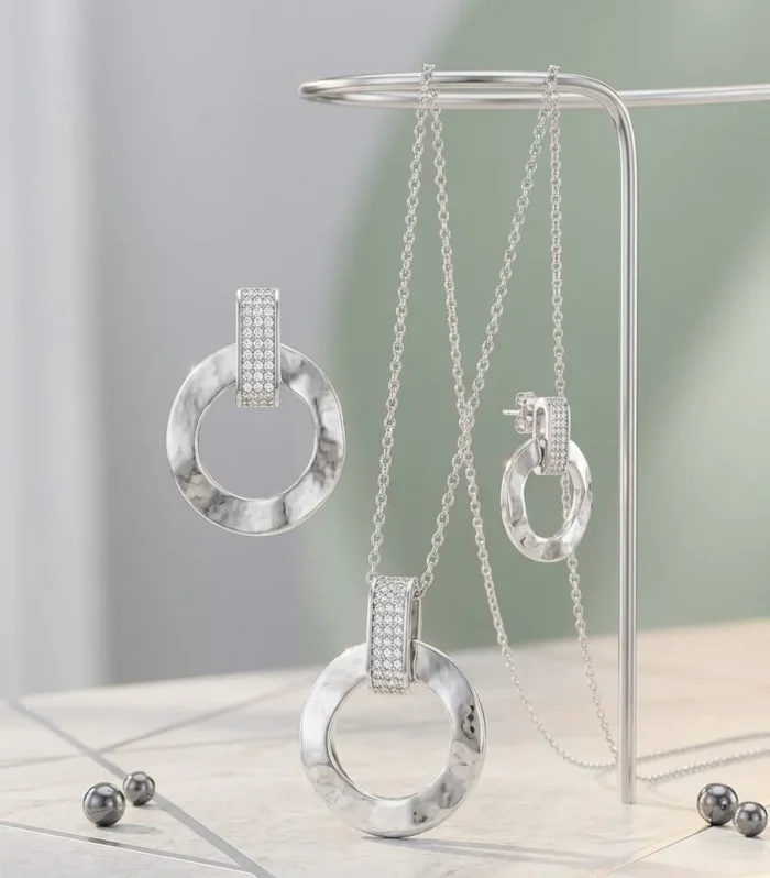 Marble Effect Circular Pendant and Earrings Set 925 Sterling Silver CZ Diamond Jewelry
