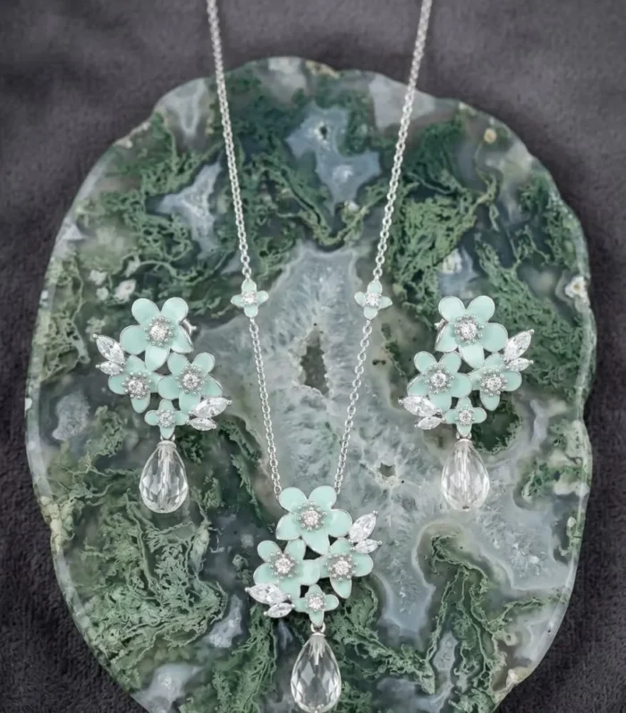 Mint Green Floral CZ Diamond Pendant and Earrings Set in 925 Sterling Silver