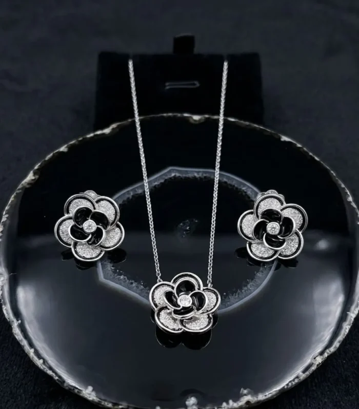 Black and White Floral CZ Diamond Pendant and Earrings Set in 925 Sterling Silver