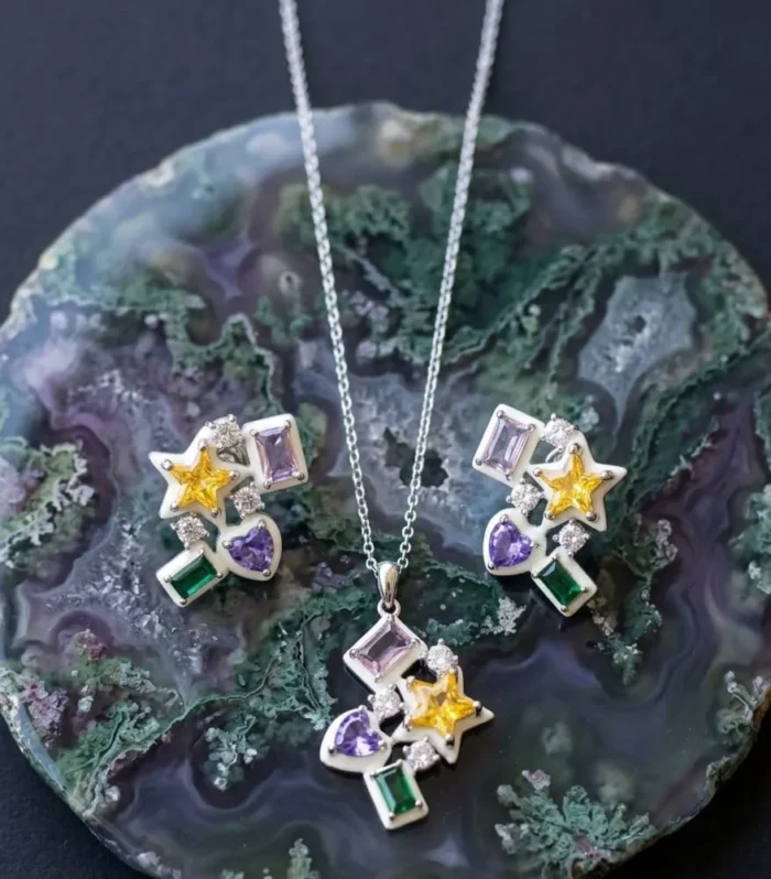 Multicolor CZ Diamond Pendant and Earrings Set 925 Sterling Silver Geometric Star Jewelry