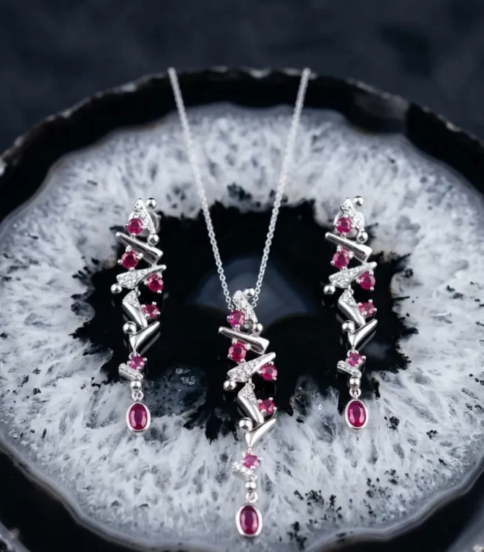 Ruby Red CZ Diamond Pendant and Earrings Set in 925 Sterling Silver