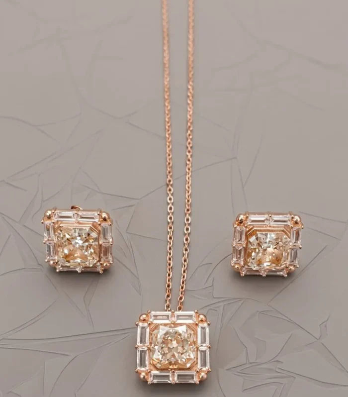 Champagne CZ Diamond Pendant and Stud Earrings Set 925 Sterling Silver Rose Gold Finish