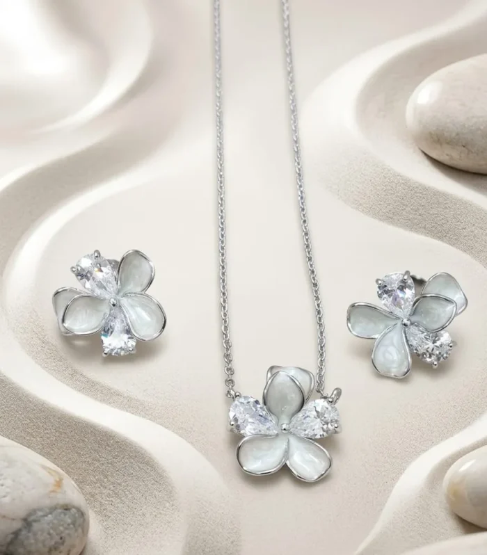 White Mother of Pearl Floral Pendant and Earrings Set 925 Sterling Silver CZ Diamond Jewelry