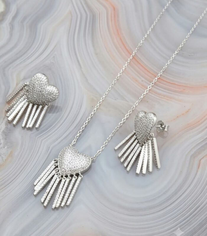925 Sterling Silver Heart Pendant and Earrings Set with CZ Diamond Fringe Design