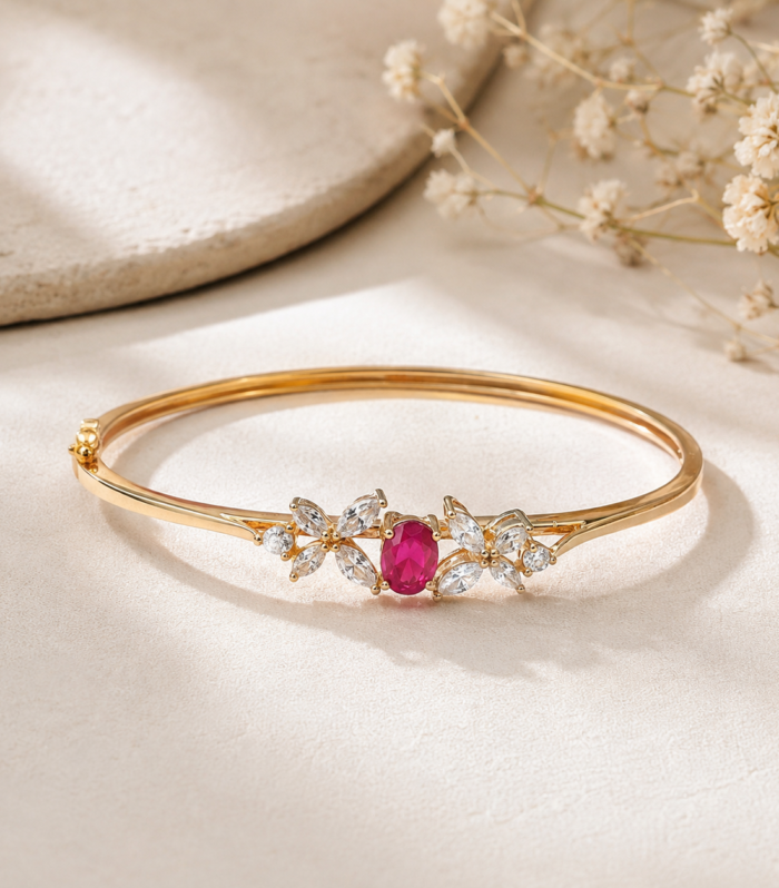 Ruby Pink CZ Floral Bangle in 925 Sterling Silver, Gold Tone Flower Bracelet for Women