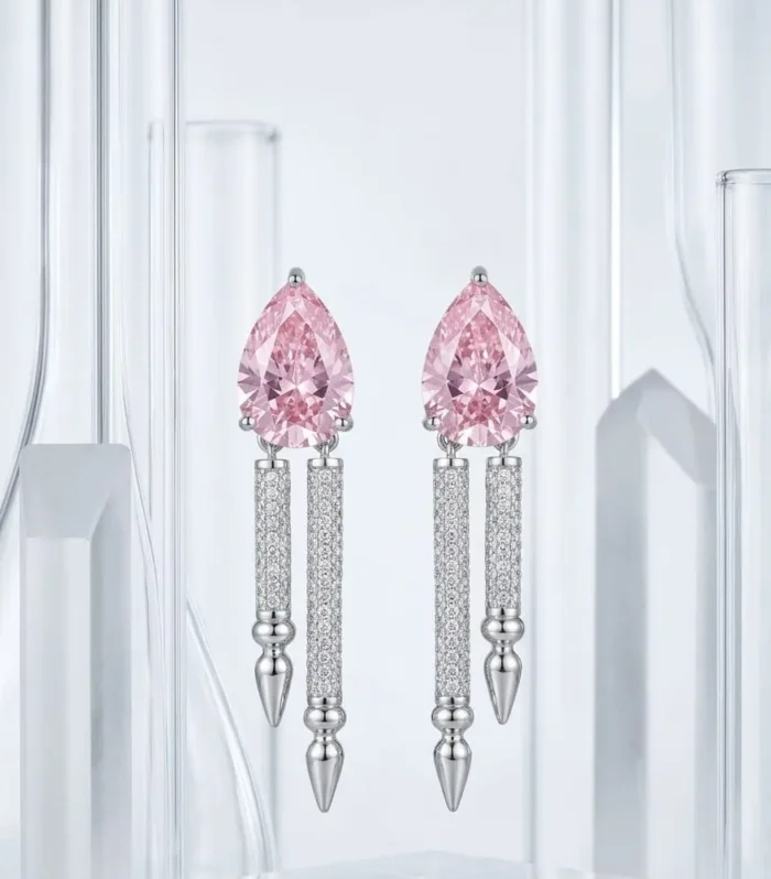 Pink Pear Cut CZ Diamond in 925 Sterling Silver – Elegant Long Dangle Earrings
