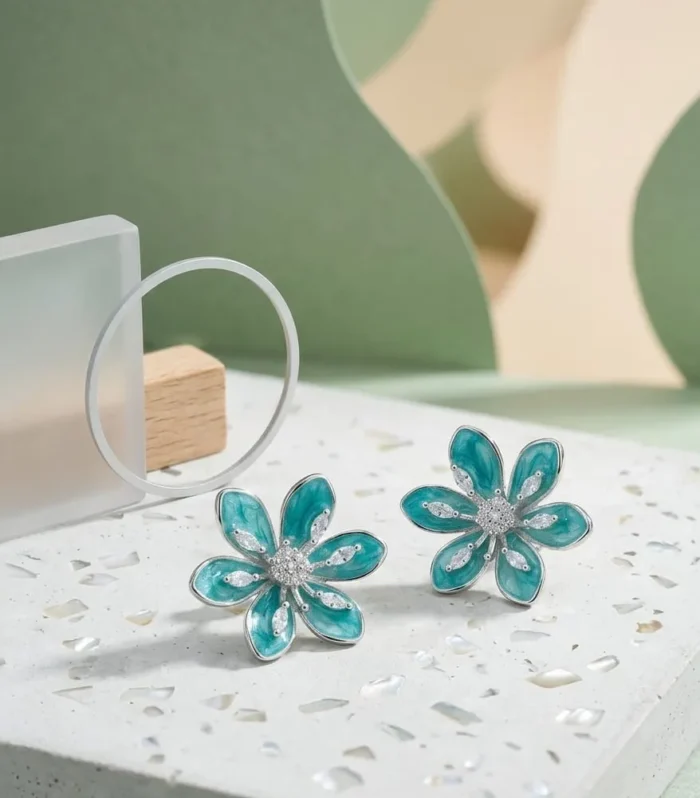 Floral CZ Stud Earrings in 925 Sterling Silver – Enamel Flower Earrings