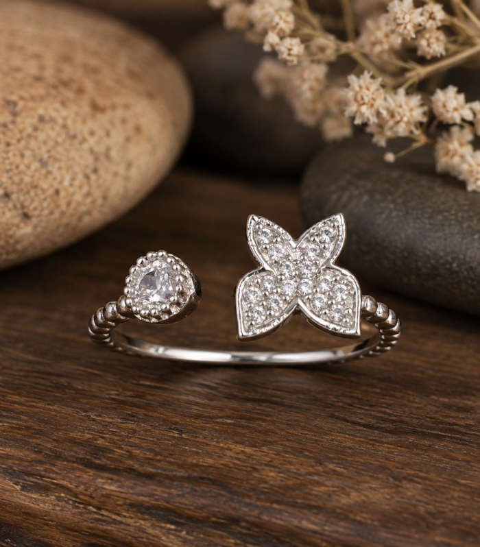 Floral Butterfly CZ Open Ring in 925 Sterling Silver