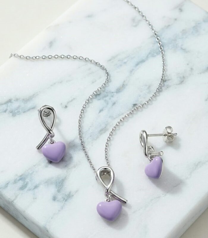 Purple Heart Pendant and Earrings Set 925 Sterling Silver CZ Diamond Jewelry