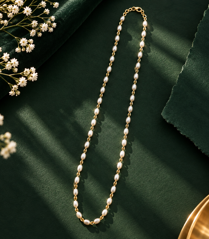 Pearl Station Chain Necklace in 925 Sterling Silver, Gold Link Minimalist Necklace for Women