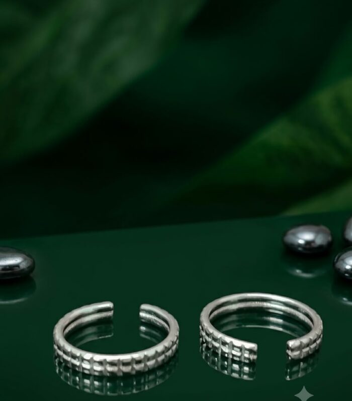 Textured Grid Pattern Silver Toe Rings for Women, 925 Sterling Silver Double-Layer Open Band Toe Ring Set