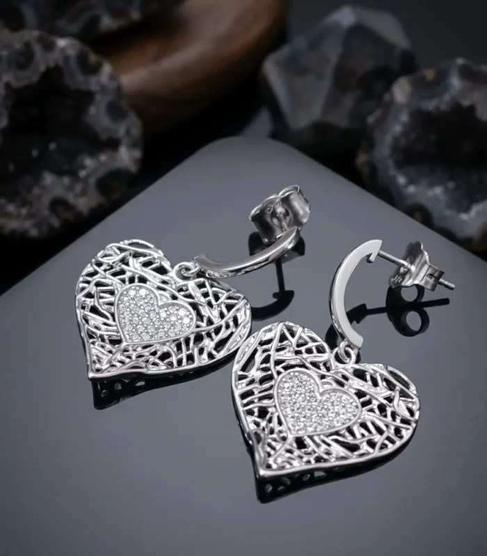 Heart-Shaped CZ Diamond Drop Earrings in 925 Sterling Silver Openwork Heart Dangle