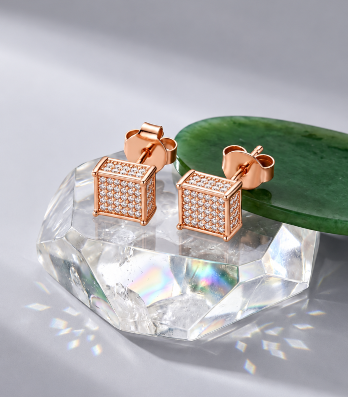 Rose Gold Square CZ Diamond Stud Earrings in 925 Sterling Silver, Pavé Geometric Earrings for Women