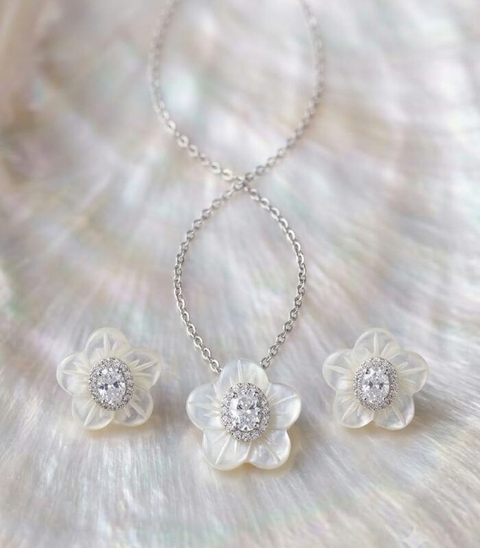 Floral Pendant and Earrings Set in 925 Sterling Silver with CZ Diamond Accents