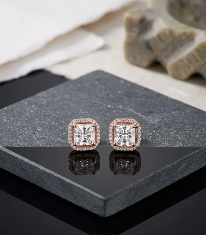 Princess Cut CZ Diamond Stud Earrings in 925 Sterling Silver – Rose Gold Halo Square Studs