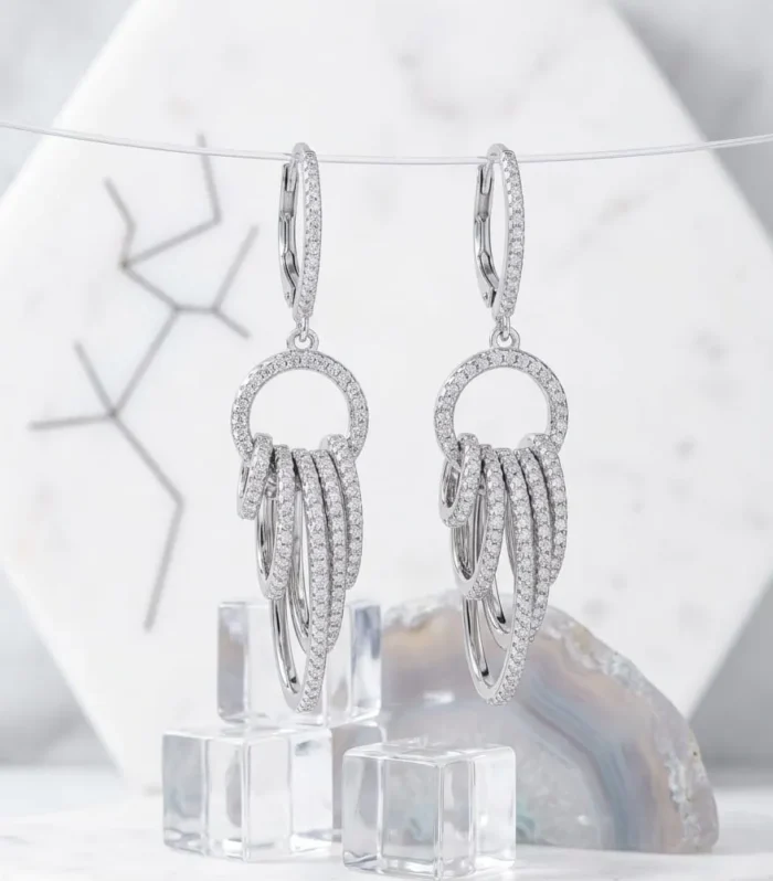 CZ Diamond Multi-Layer Drop Earrings in 925 Sterling Silver – Elegant Hoop Dangle Earrings