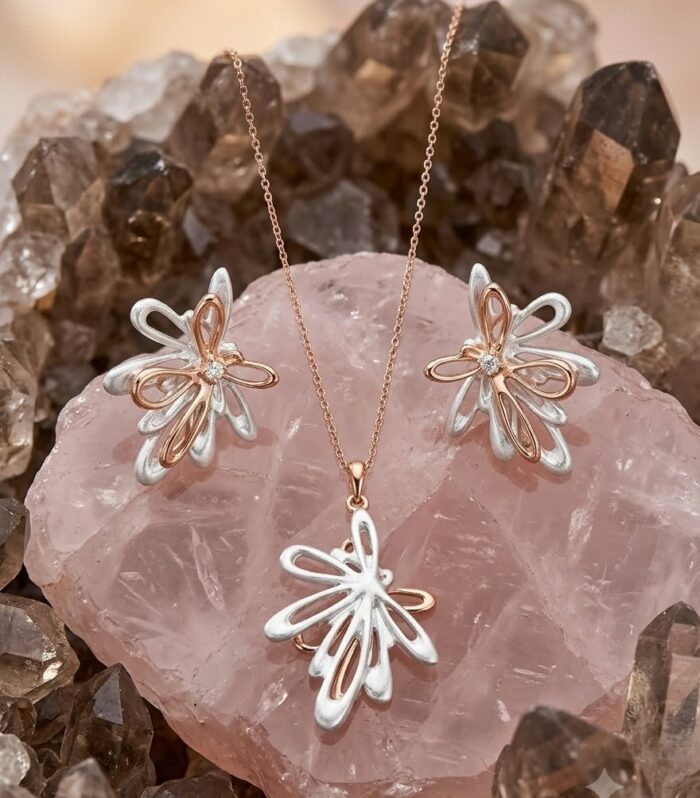 925 Sterling Silver Two-Tone Floral Pendant and Earrings Set with CZ Diamonds