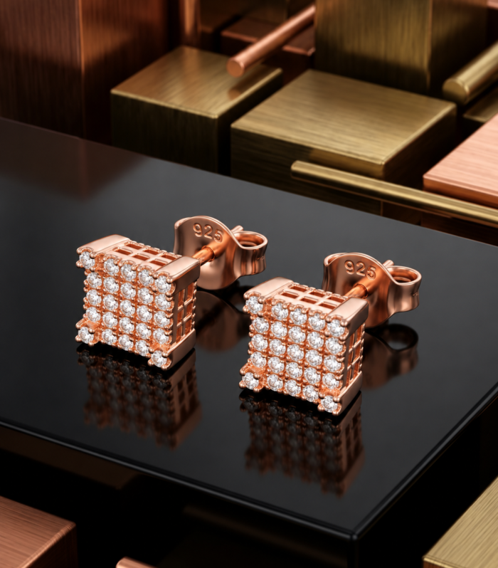 925 Sterling Silver Rose Gold Square CZ Diamond Stud Earrings