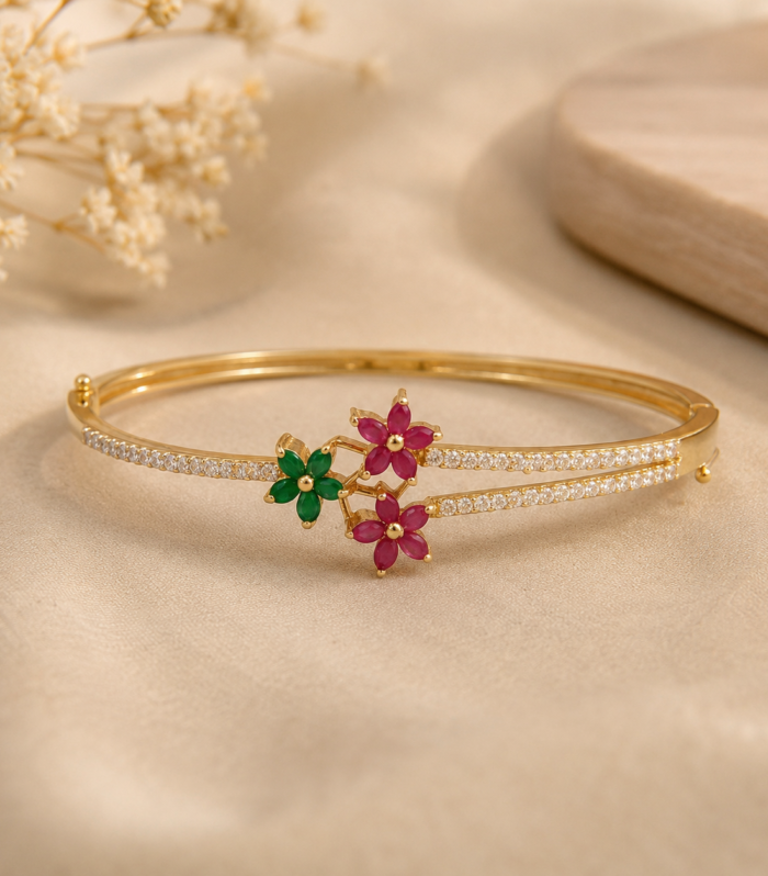 Floral Ruby and Emerald CZ Bangle in 925 Sterling Silver, Gold Tone Double Row Bracelet for Women