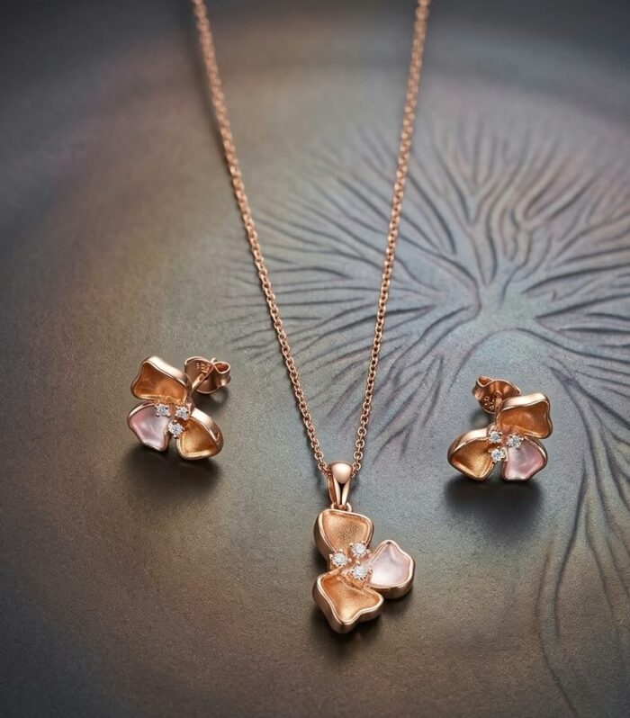 925 Sterling Silver Rose Gold Tone Floral Pendant and Earrings Set with CZ Diamonds