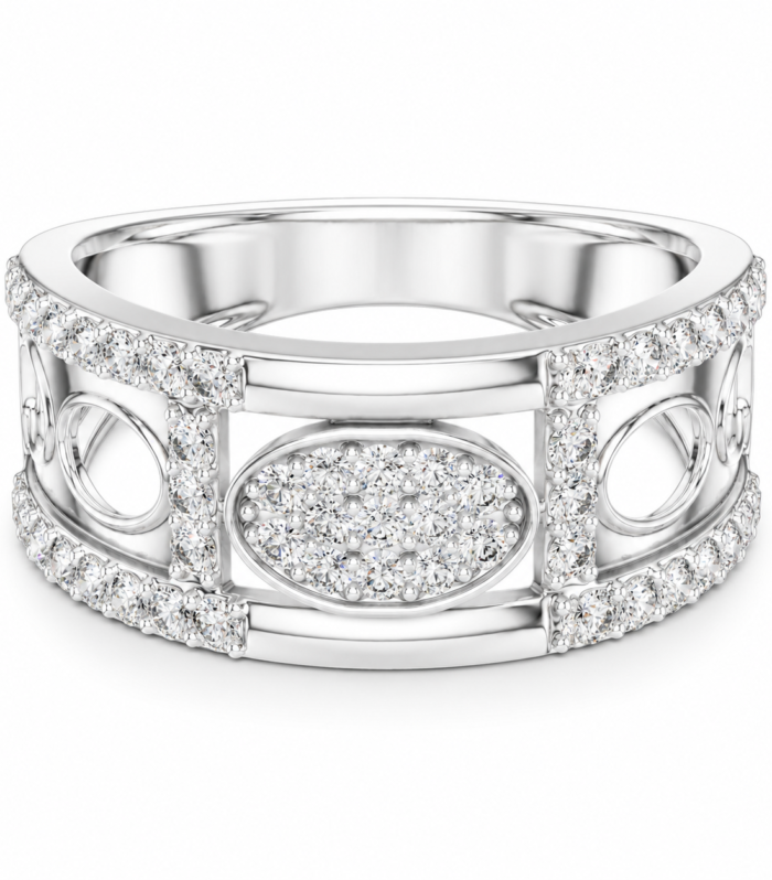 Wide Openwork Moissanite Oval Center Band 14K White Gold Plated Statement Jewelry