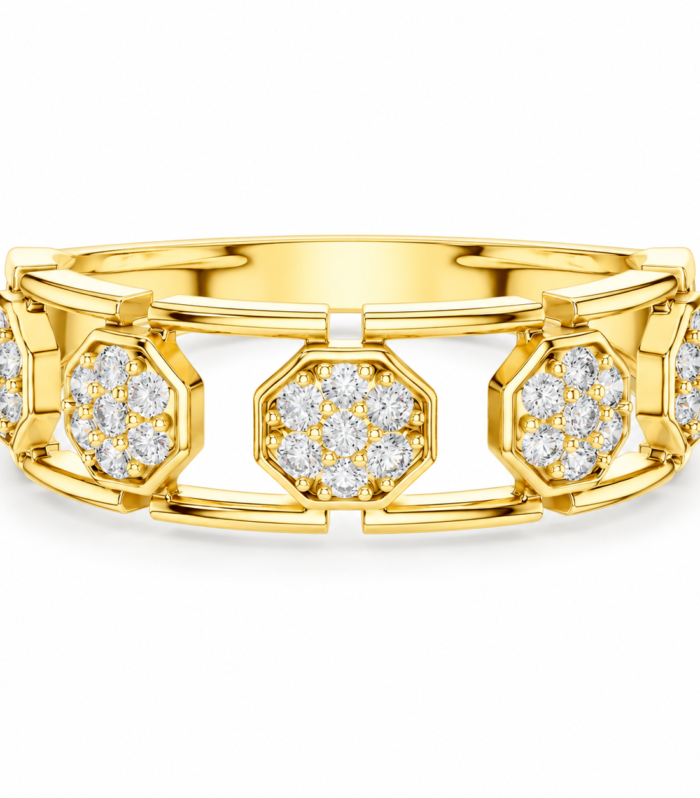 14K Yellow Gold Plated Geometric Cluster Moissanite Hexagon Band Ring