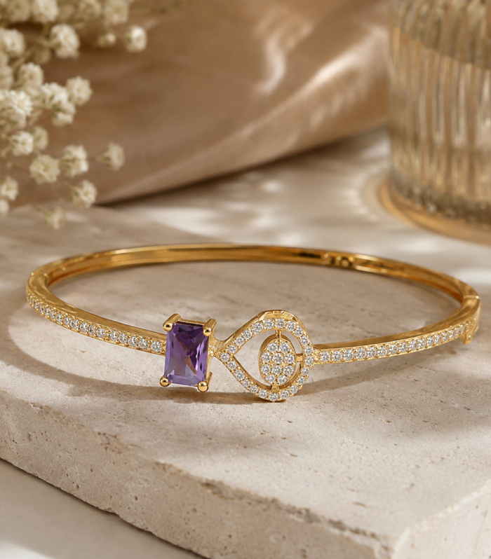 925 Sterling Silver Amethyst Purple CZ Diamond Bangle, Gold Tone Gemstone Bracelet for Women